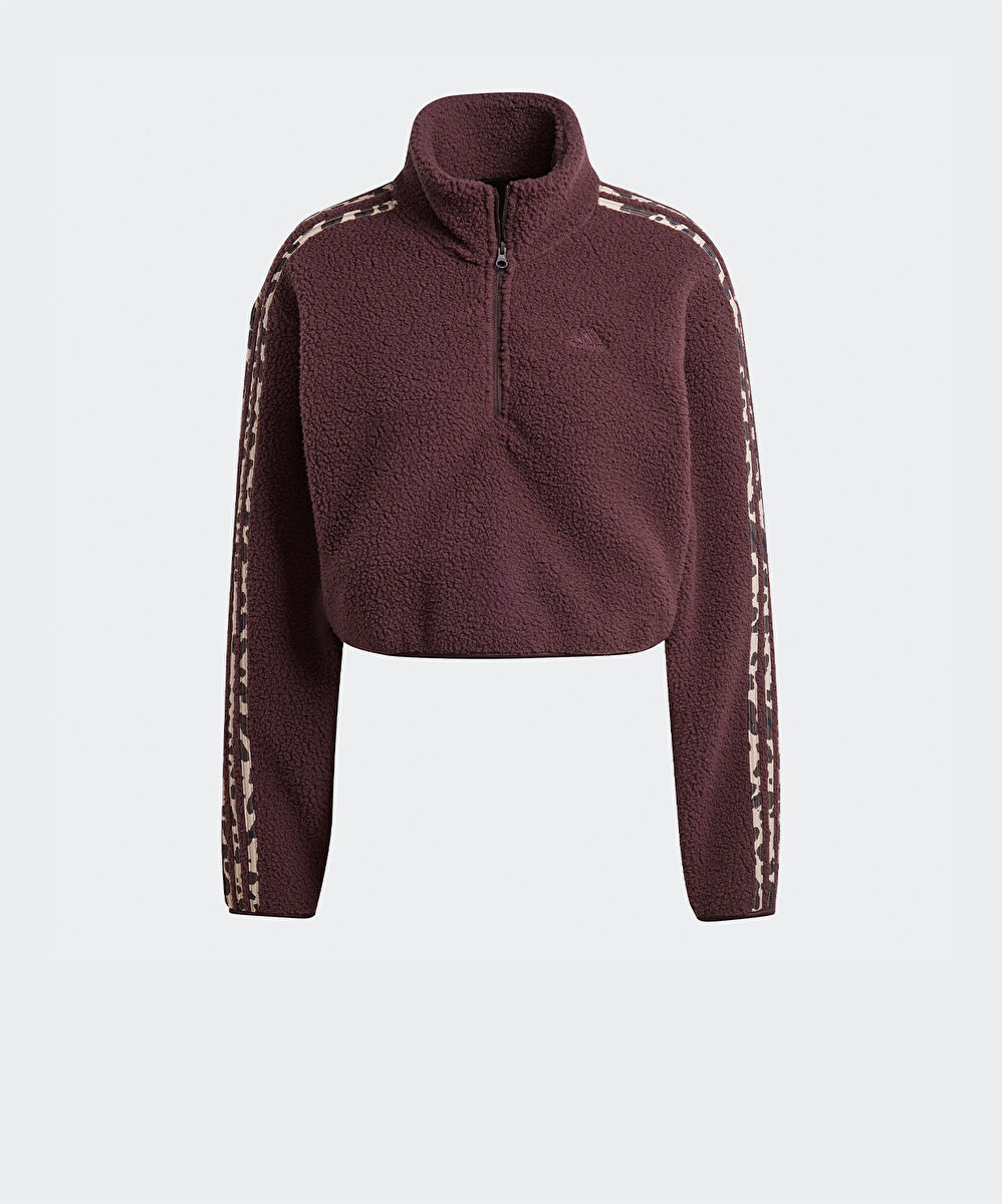 adidas Essentials 3-Stripes Animal Print High Pile Cropped 1/4 Zip Top